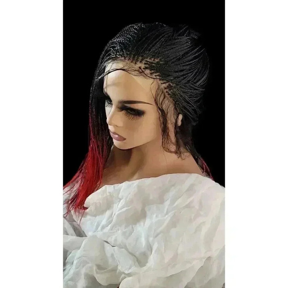 Yassine Red/Black Ombre Braided Wig | 100% Handmade Micro Millions Lace - Picture 11 of 16